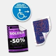 Impression de stickers personnalisés : rond PMR, autocollant soldes, stickers publicitaires variés.
