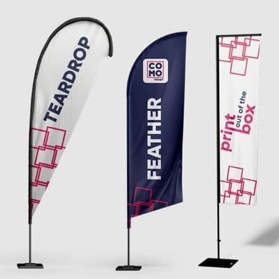 Drapeaux publicitaires personnalis&eacute;s : goutte d'eau, plume, rectangulaire.