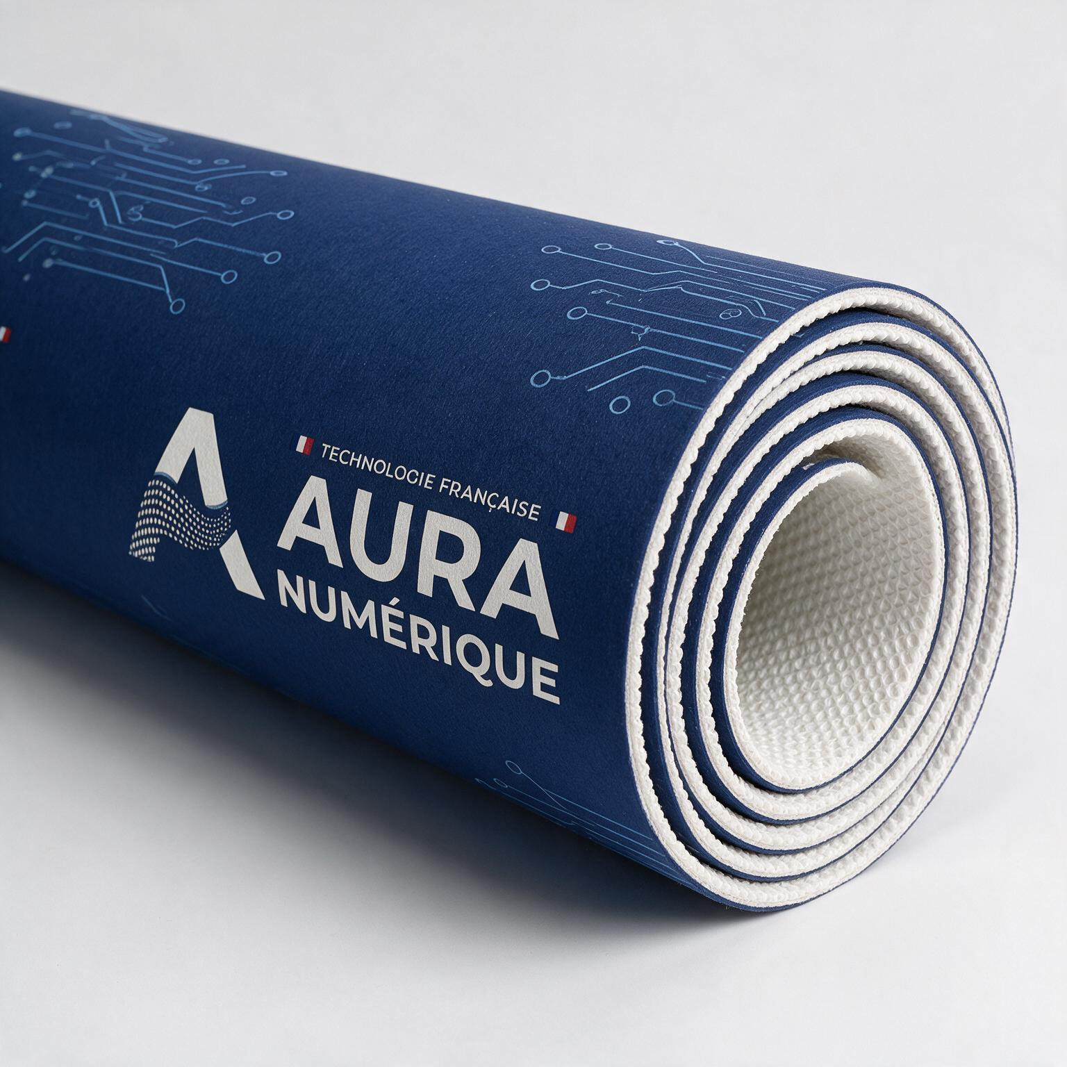 Rouleau de moquette personnalis&eacute;e bleue imprim&eacute;e avec le logo Aura Num&eacute;rique et motifs hi-tech