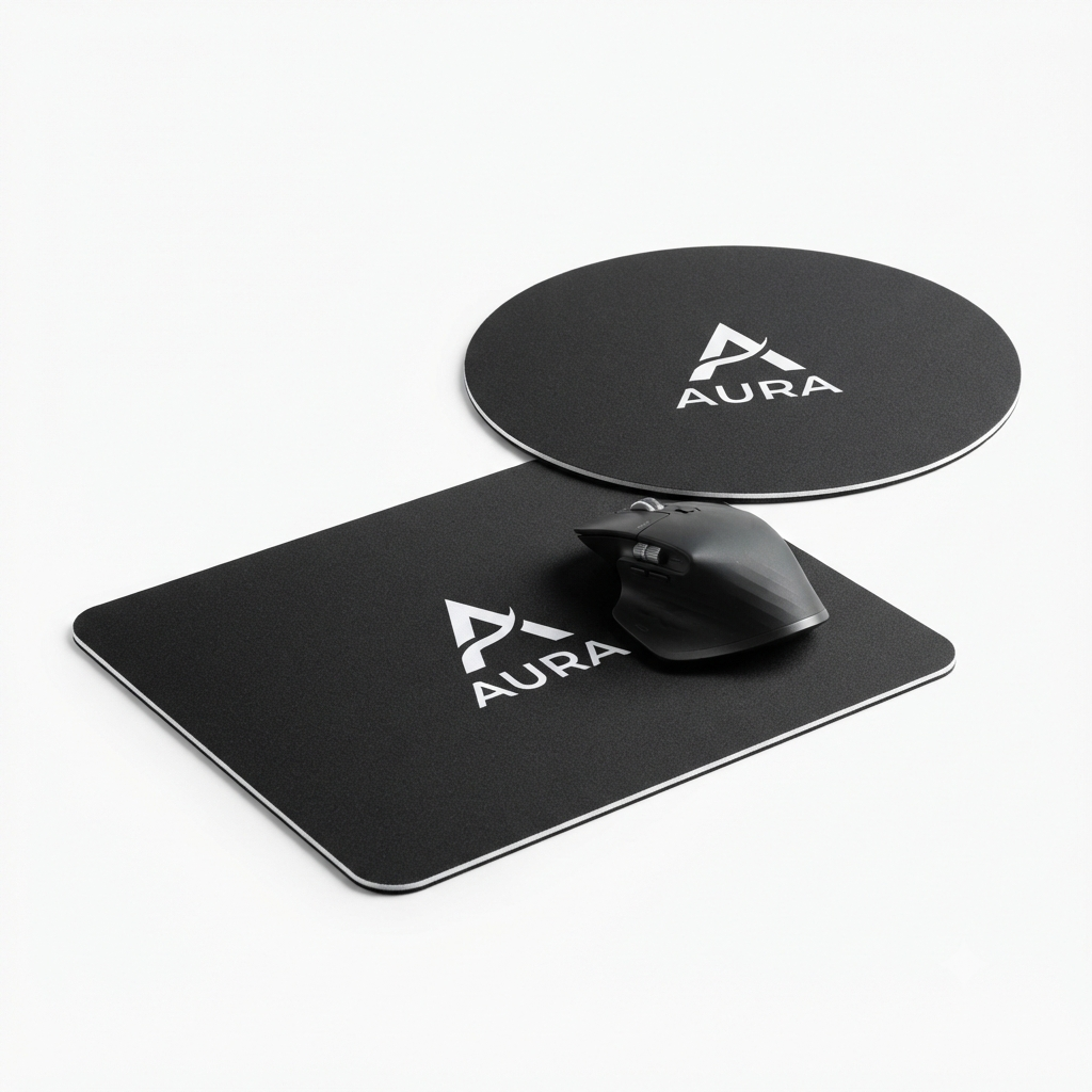 Tapis de souris personnalis&eacute;s noirs, formats rectangulaire et rond, imprim&eacute;s avec le logo Aura