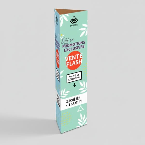 Totem publicitaire 3 faces imprim&eacute; avec visuel promotionnel vente flash, nouvelle collection et offre 2 achet&eacute;s 1 gratuit
