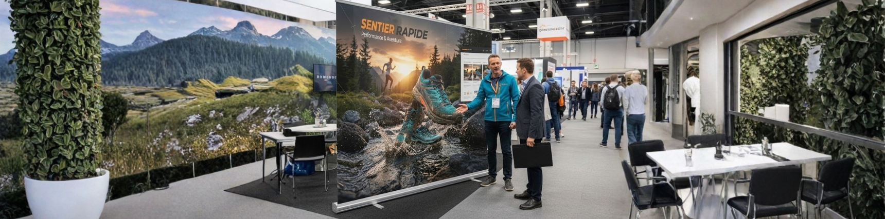 Kak&eacute;mono publicitaire d&eacute;ploy&eacute; sur un stand de salon