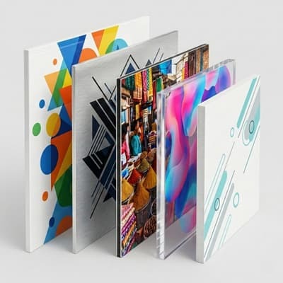 Supports d'impression rigides en &eacute;ventail : panneaux PVC, aluminium, Dibond, plexiglas et carton plume avec impressions color&eacute;es haute qualit&eacute;