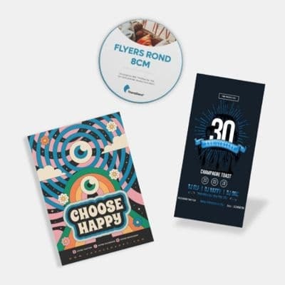 Impression flyers personnalisés, divers formats ronds et rectangulaires.
