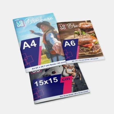Impression de brochures A4, A6 et carrées, personnalisables.