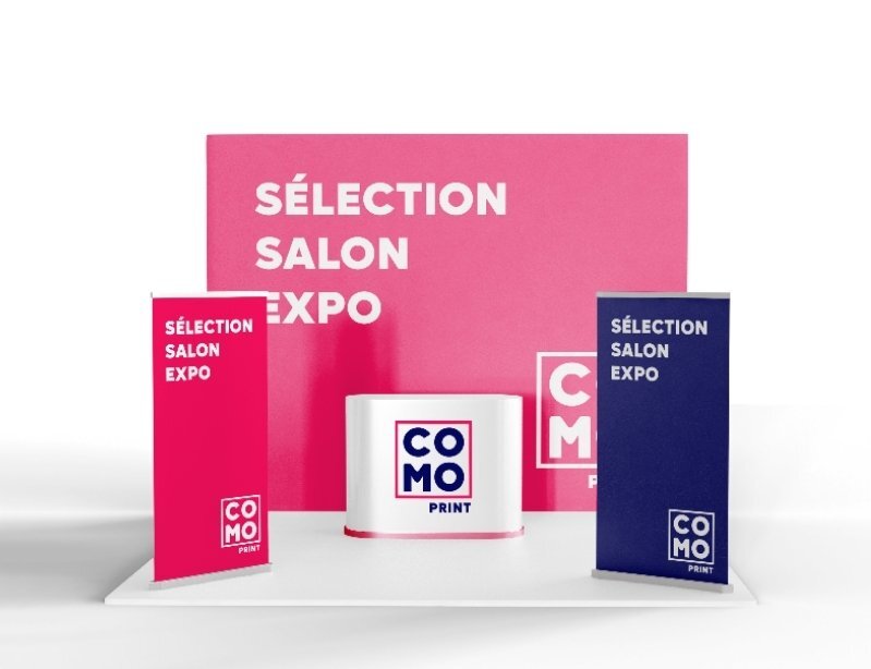 Stand d'exposition personnalisable, kakemono, photocall et comptoir d'accueil.