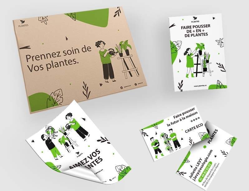 Supports de communication imprimés écologiques : brochures, cartes, flyers et cartons.