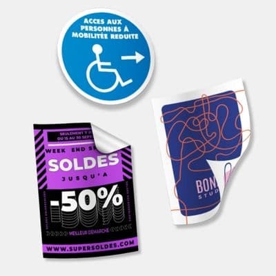 Impression de stickers personnalisés : rond PMR, autocollant soldes, stickers publicitaires variés.