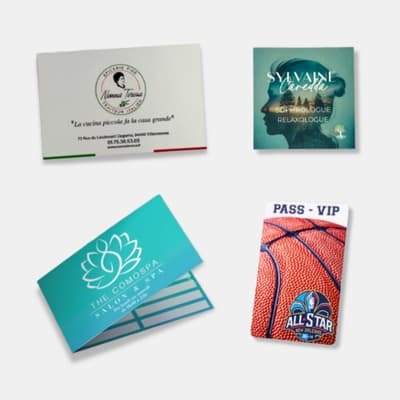 Exemples de cartes de visite imprim&eacute;es : carte restaurant italienne, carte sophrologue, carte spa et pass VIP All Star basketball