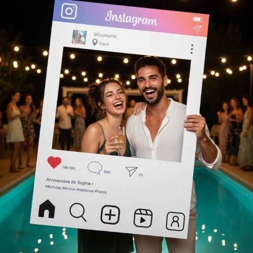 Couple posant avec un cadre photo Instagram lors d'une fête d'anniversaire à Paris
