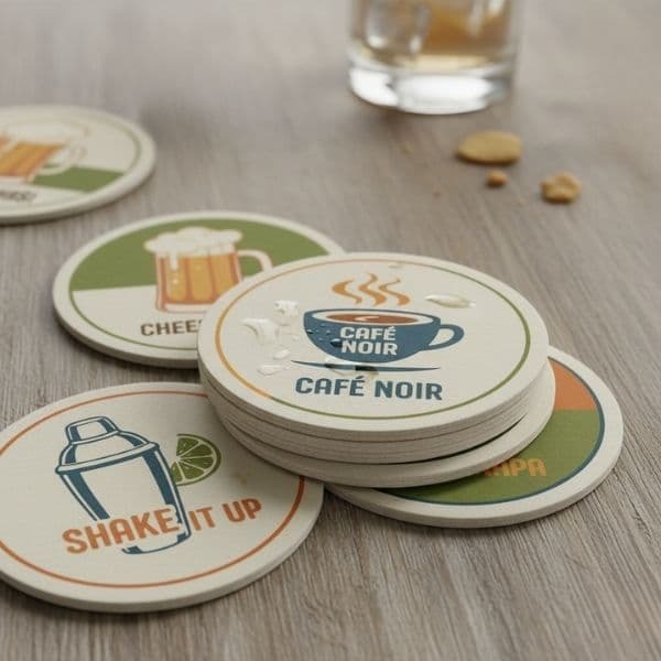 Sous-verre rond noir avec un motif de grain de café et le texte 'COFFEE TIME' inscrit en blanc.